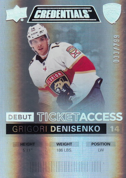 insert RC karta GRIGORI DENISENKO 21-22 Credentials Debut Ticket Access /599